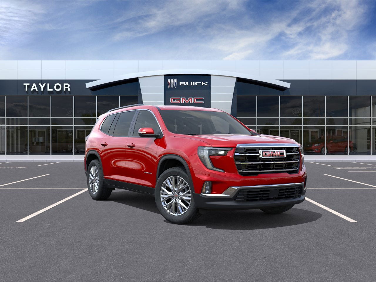 2026 GMC Acadia Elevation in Volcanic Red Tintcoat — front three-quarter view