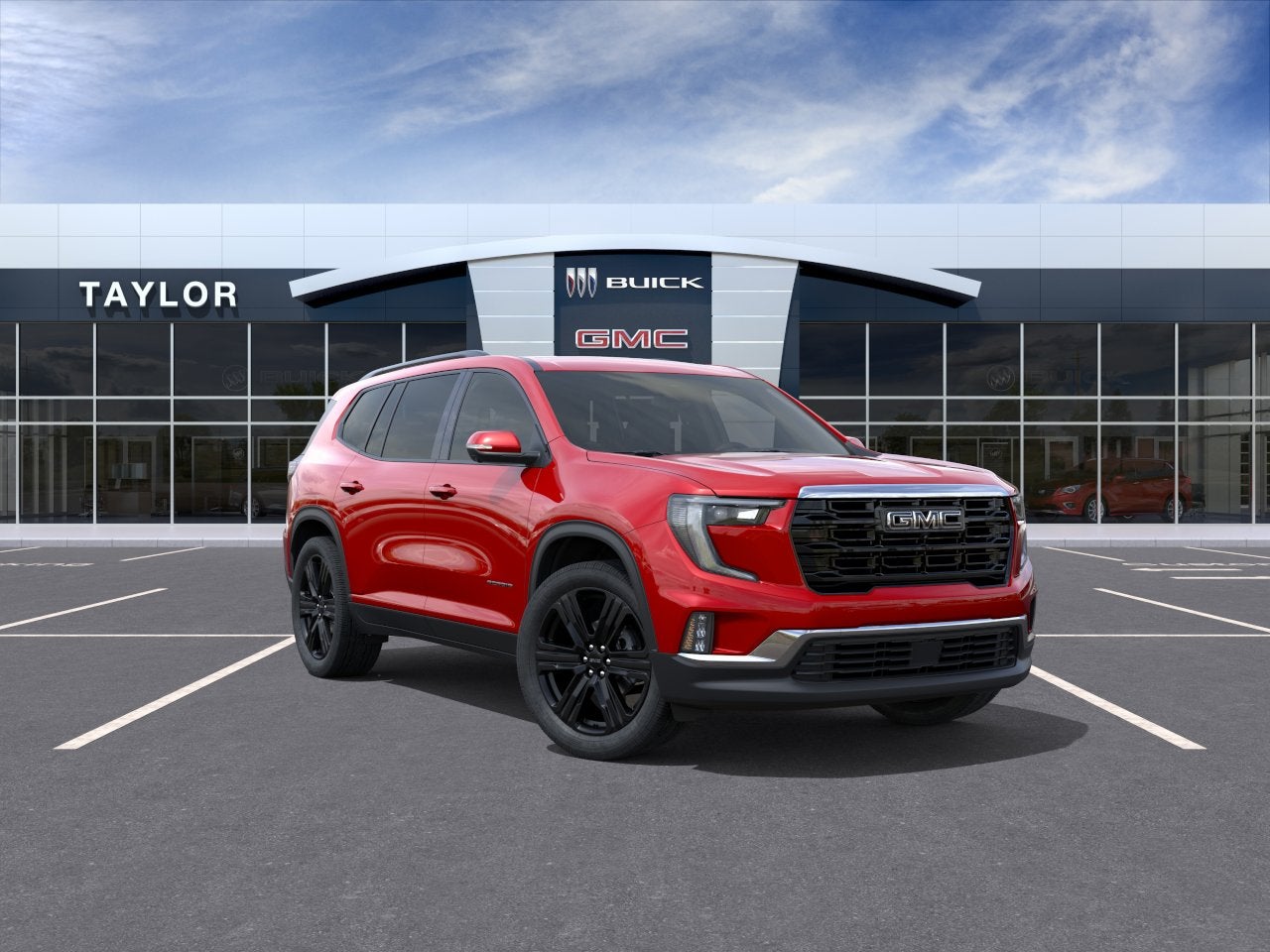 2026 GMC Acadia Elevation in Volcanic Red Tintcoat — front three-quarter view