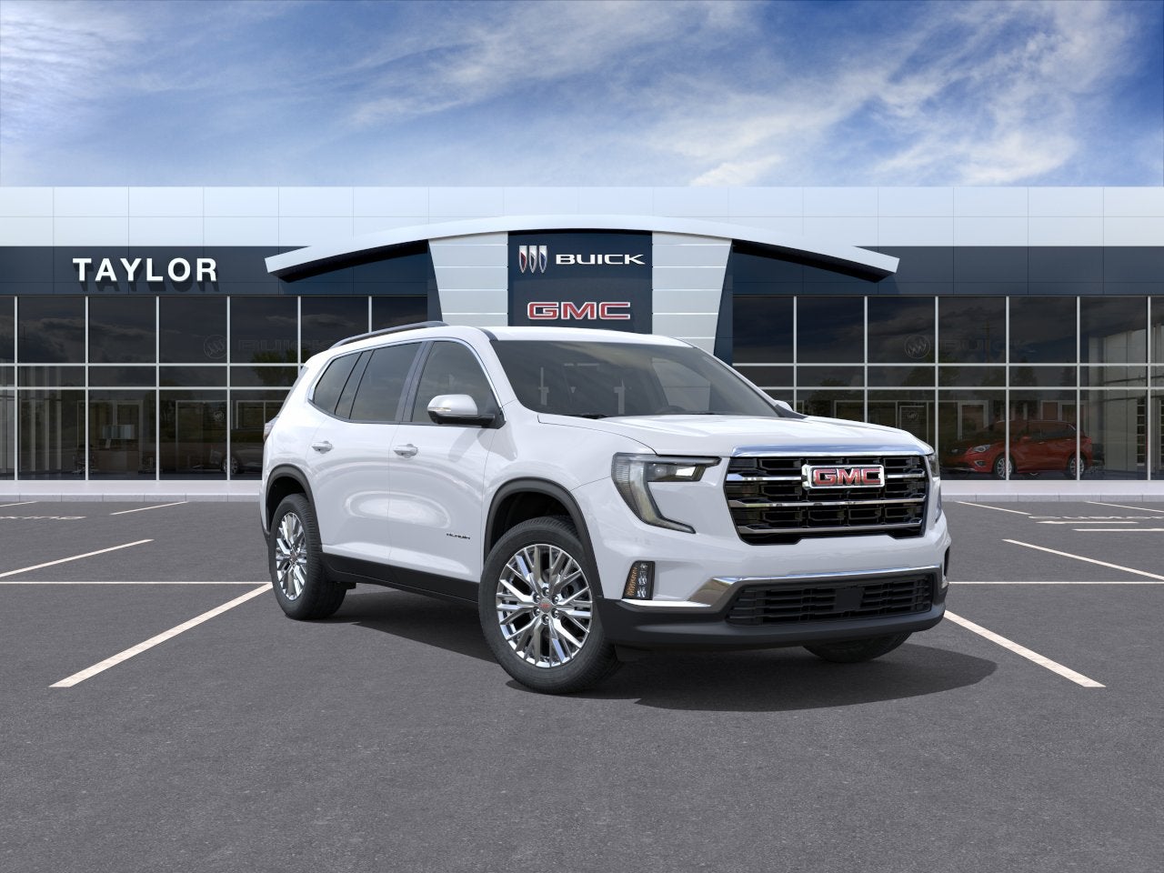 2026 GMC Acadia Elevation in Glacier White Tricoat — front three-quarter view