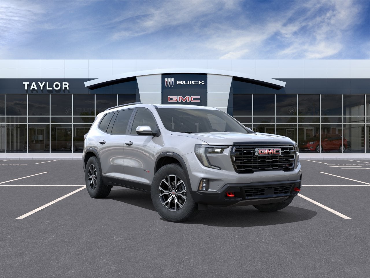 2026 GMC Acadia AT4 in Sterling Metallic — front three-quarter view