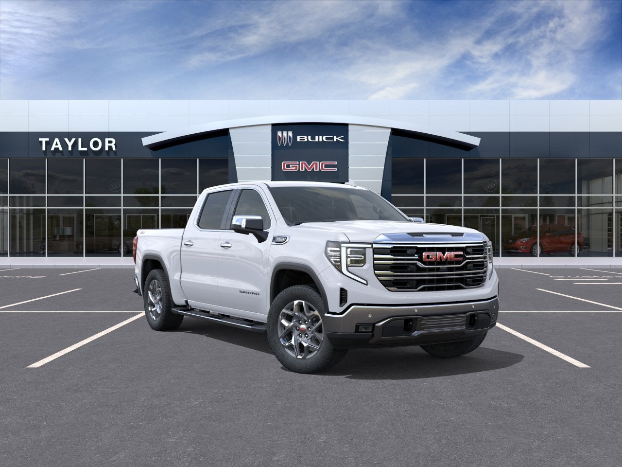 2026 GMC Sierra 1500 SLT in Summit White — front three-quarter view